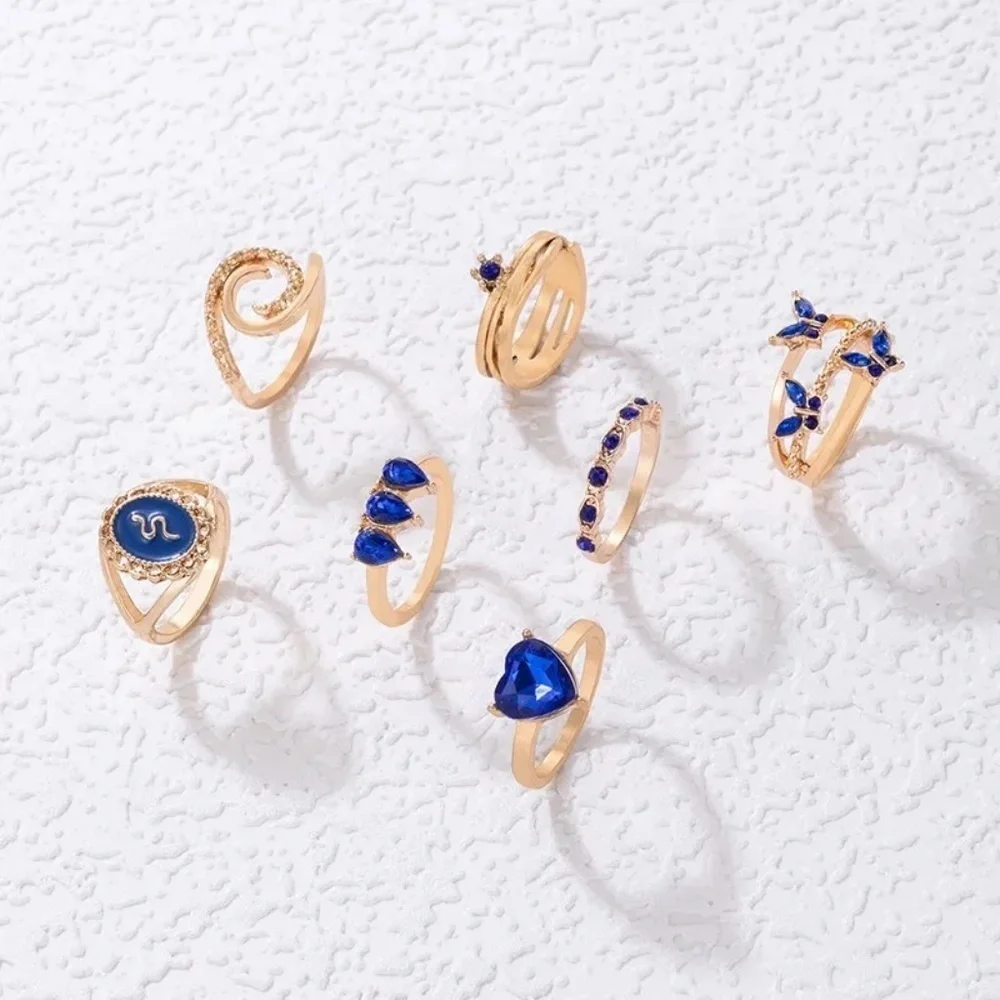 *HADLEE* 7-Pc Gold x Blue Fashion Ring Set